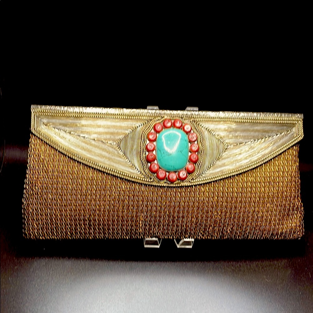 MEERA MAHADEVIA~GOLD/BRONZE MESH METAL CLUTCH~TURQ/CORAL STONES~GOLD SILK LINED